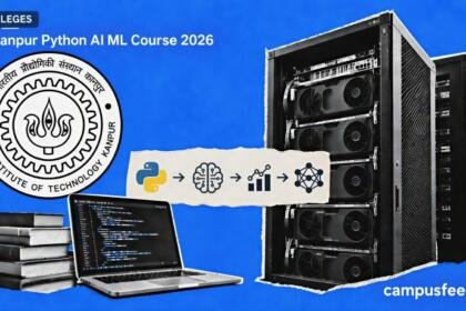 IIT Kanpur Python AI ML Course 2026 visual with IIT Kanpur logo, halftone GPU server racks and laptop coding collage on electric blue