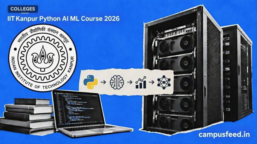 IIT Kanpur Python AI and ML Course 2026: Fees, Dates, Who Can Apply 1 IIT Kanpur Python AI ML Course 2026 visual with IIT Kanpur logo, halftone GPU server racks and laptop coding collage on electric blue