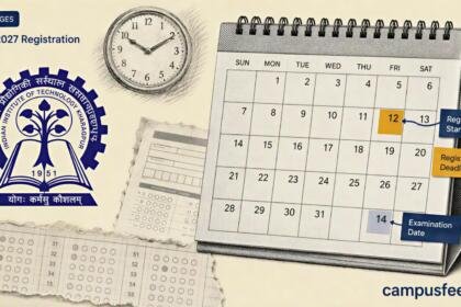 IIT Kharagpur emblem beside a halftone calendar marking the revised JAM 2027 Registration window and February exam date
