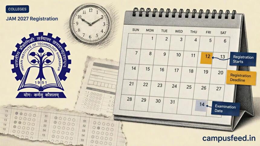 IIT Kharagpur emblem beside a halftone calendar marking the revised JAM 2027 Registration window and February exam date