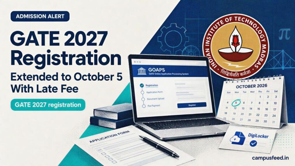 GATE 2027 registration portal scene with IIT Madras emblem, GOAPS application interface, deadline calendar and DigiLocker verification cues for 2026