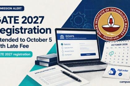 GATE 2027 registration portal scene with IIT Madras emblem, GOAPS application interface, deadline calendar and DigiLocker verification cues for 2026