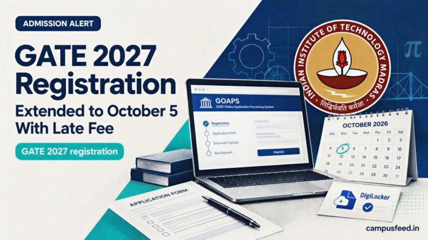 GATE 2027 registration portal scene with IIT Madras emblem, GOAPS application interface, deadline calendar and DigiLocker verification cues for 2026