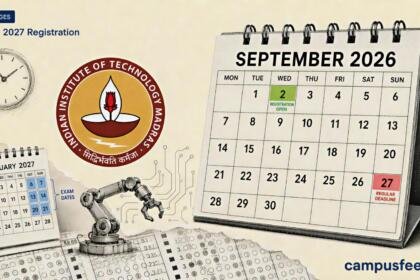 GATE 2027 registration calendar beside the official IIT Madras emblem, with marked exam dates, answer-sheet grids and an analog clock