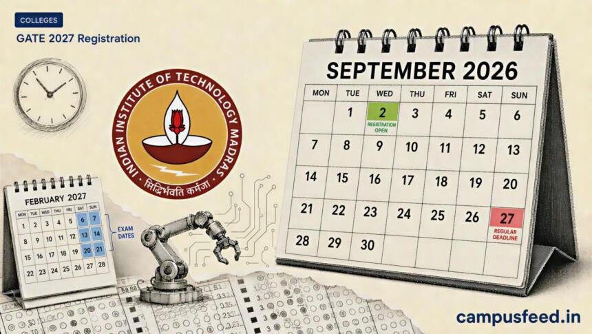 GATE 2027 registration calendar beside the official IIT Madras emblem, with marked exam dates, answer-sheet grids and an analog clock