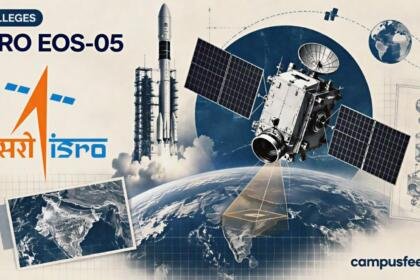ISRO EOS-05 technical satellite schematic beside the ISRO logo, highlighting India's geosynchronous Earth imaging mission launched aboard GSLV-F17