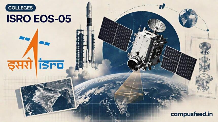 ISRO EOS-05 technical satellite schematic beside the ISRO logo, highlighting India's geosynchronous Earth imaging mission launched aboard GSLV-F17