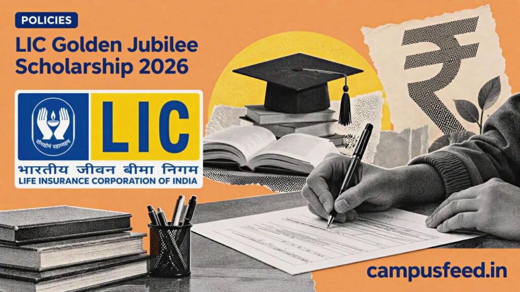 LIC Golden Jubilee Scholarship 2026 application form on a desk with hands writing beside the official LIC emblem, open book and rupee-themed collage
