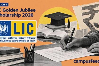 LIC Golden Jubilee Scholarship 2026 application form on a desk with hands writing beside the official LIC emblem, open book and rupee-themed collage