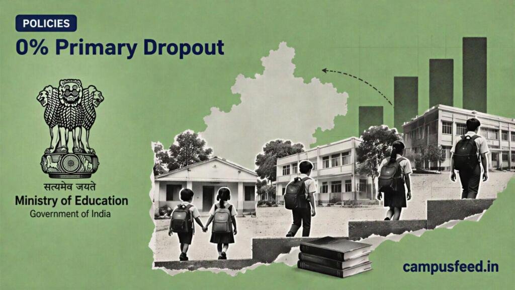 Madhya Pradesh UDISE timeline illustrating the 0% primary dropout claim alongside higher upper-primary and secondary dropout levels