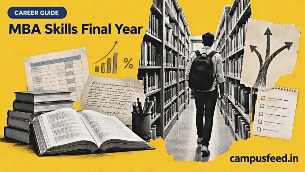 MBA skills final year career guide with a halftone library aisle, open book, spreadsheet pages and branching career paths for Indian graduates