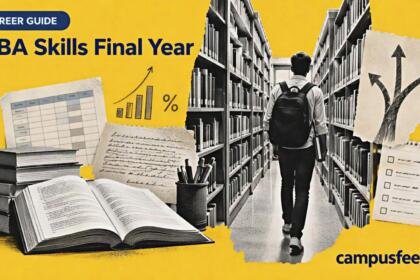 MBA skills final year career guide with a halftone library aisle, open book, spreadsheet pages and branching career paths for Indian graduates