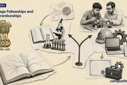 College Fellowships and Apprenticeships shown as a sketched decision tree beside the Ministry of Education emblem, linking research and workplace training
