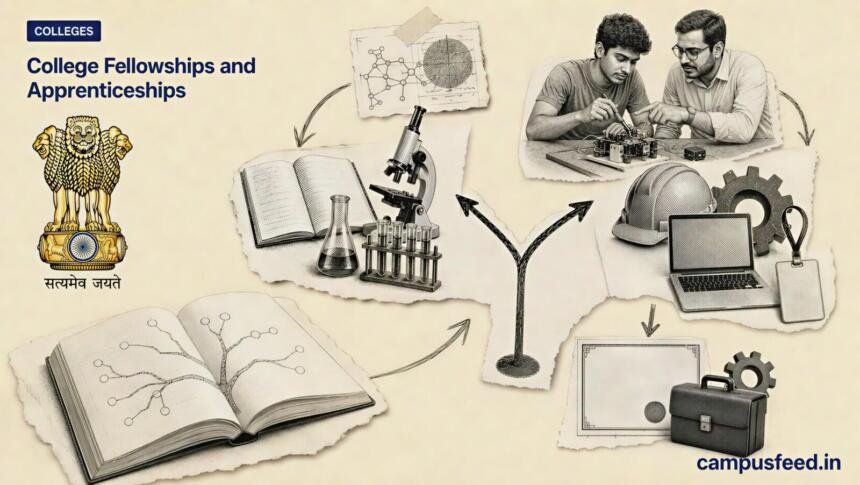 Best College Fellowships and Apprenticeships: A Smart Student Guide 1 College Fellowships and Apprenticeships shown as a sketched decision tree beside the Ministry of Education emblem, linking research and workplace training
