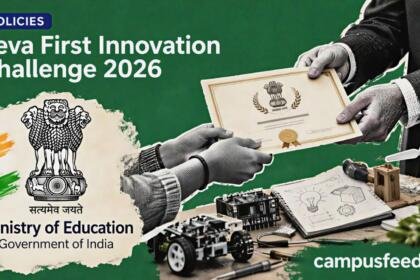 Government of India education initiative collage for Seva First Innovation Challenge 2026 with certificate handoff, Ministry emblem and student innovation materials