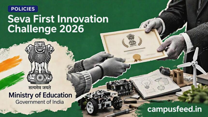 Government of India education initiative collage for Seva First Innovation Challenge 2026 with certificate handoff, Ministry emblem and student innovation materials