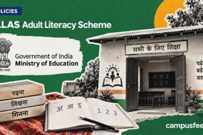 Ministry of Education emblem beside a rural learning centre and adult literacy materials representing the ULLAS adult literacy scheme across India in 2026