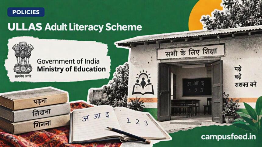 Ministry of Education emblem beside a rural learning centre and adult literacy materials representing the ULLAS adult literacy scheme across India in 2026