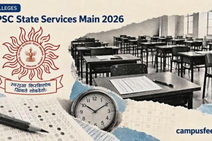 MPSC State Services Main 2026 exam hall with empty desks, MPSC emblem and exam materials after the October 3 examination was postponed