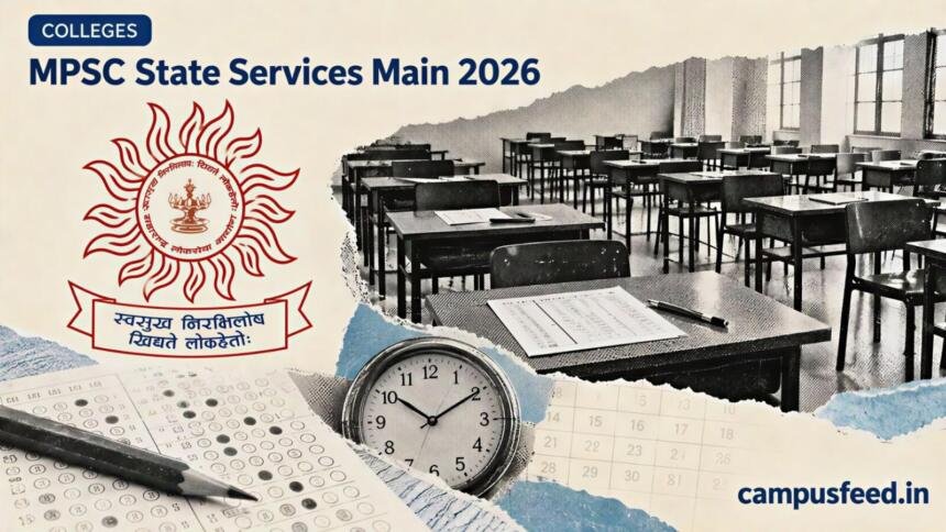 MPSC State Services Main 2026 exam hall with empty desks, MPSC emblem and exam materials after the October 3 examination was postponed
