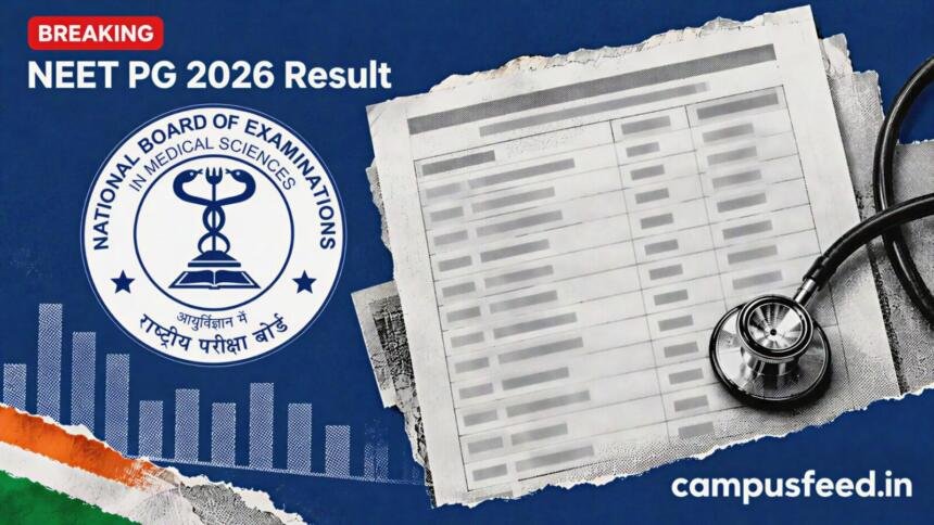 NBEMS NEET PG 2026 Result merit-list close-up with blurred score bars, official emblem and restrained result-day collage on deep navy