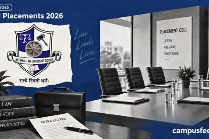 NLU Placements 2026 visual with NLU Odisha branding, recruiter interview room, Trilegal and IDBI Bank references in a corporate placement setting