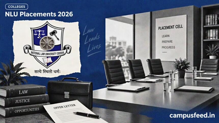 NLU Placements 2026 visual with NLU Odisha branding, recruiter interview room, Trilegal and IDBI Bank references in a corporate placement setting