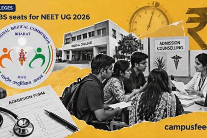 NMC seat-matrix collage with counselling desk, admission forms and rupee motif illustrating MBBS seats for NEET UG 2026 across Indian medical colleges