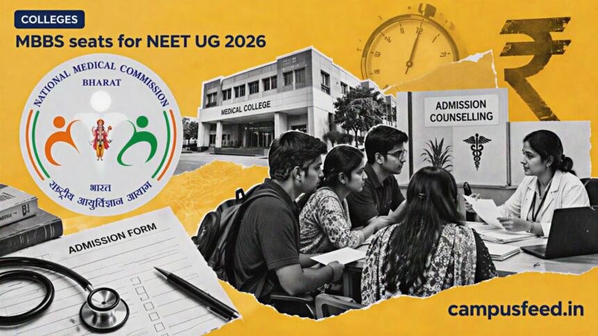 NMC seat-matrix collage with counselling desk, admission forms and rupee motif illustrating MBBS seats for NEET UG 2026 across Indian medical colleges