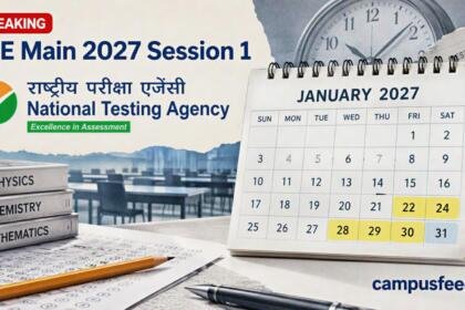 NTA exam calendar collage for JEE Main 2027 Session 1, with January dates highlighted beside the official NTA emblem and exam-sheet textures