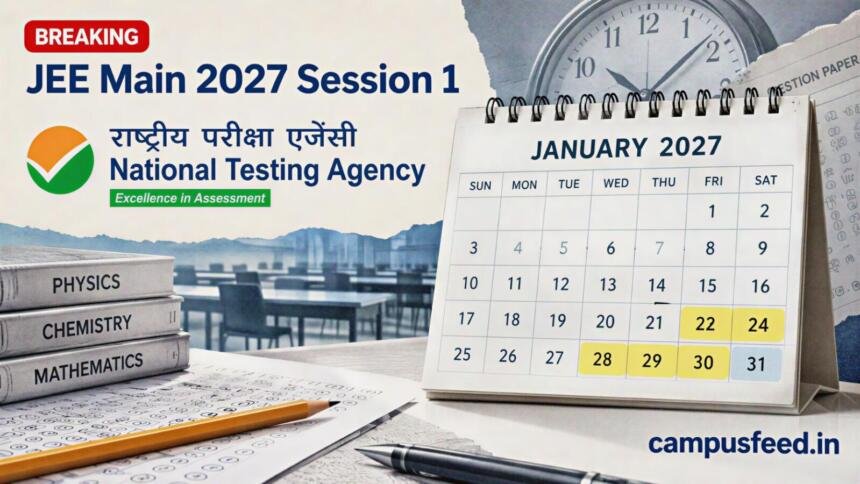JEE Main 2027 Session 1 Exam Dates Out; Registration Not Open Yet 1 NTA exam calendar collage for JEE Main 2027 Session 1, with January dates highlighted beside the official NTA emblem and exam-sheet textures