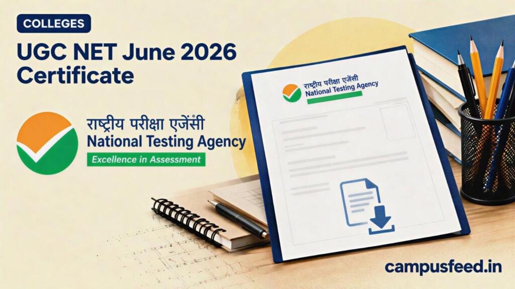 NTA exam-material flat-lay for the UGC NET June 2026 Certificate release, with admit card, pencils, watch and official regulator emblem