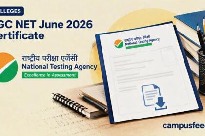 NTA exam-material flat-lay for the UGC NET June 2026 Certificate release, with admit card, pencils, watch and official regulator emblem