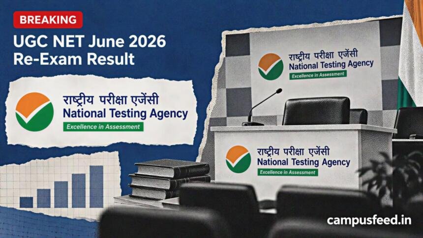 UGC NET June 2026 Re-Exam Result Out; 824 Qualify for JRF 1 NTA result-day press briefing scene for UGC NET June 2026 Re-Exam Result with an empty podium, microphone and abstract score bars
