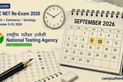 NTA emblem beside a highlighted exam calendar for UGC NET Re-Exam 2026 covering English, Commerce and Sociology papers in September