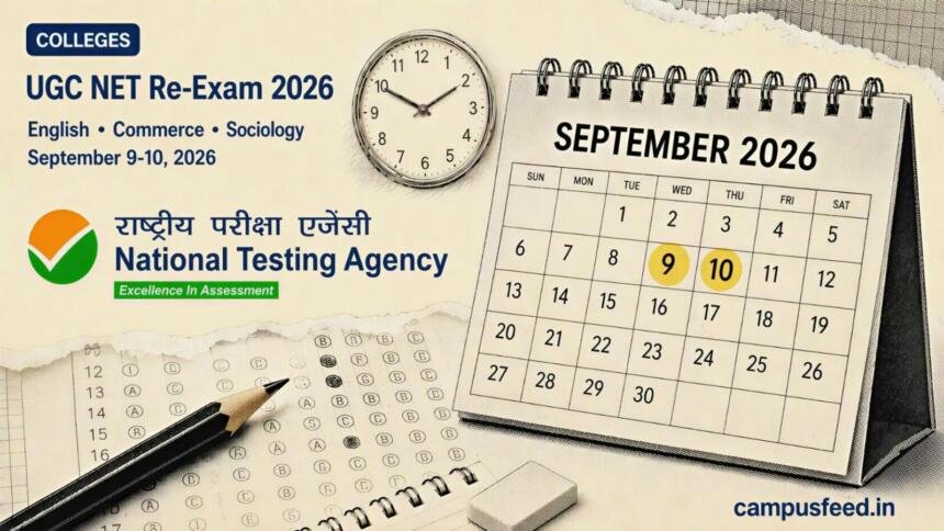 NTA emblem beside a highlighted exam calendar for UGC NET Re-Exam 2026 covering English, Commerce and Sociology papers in September