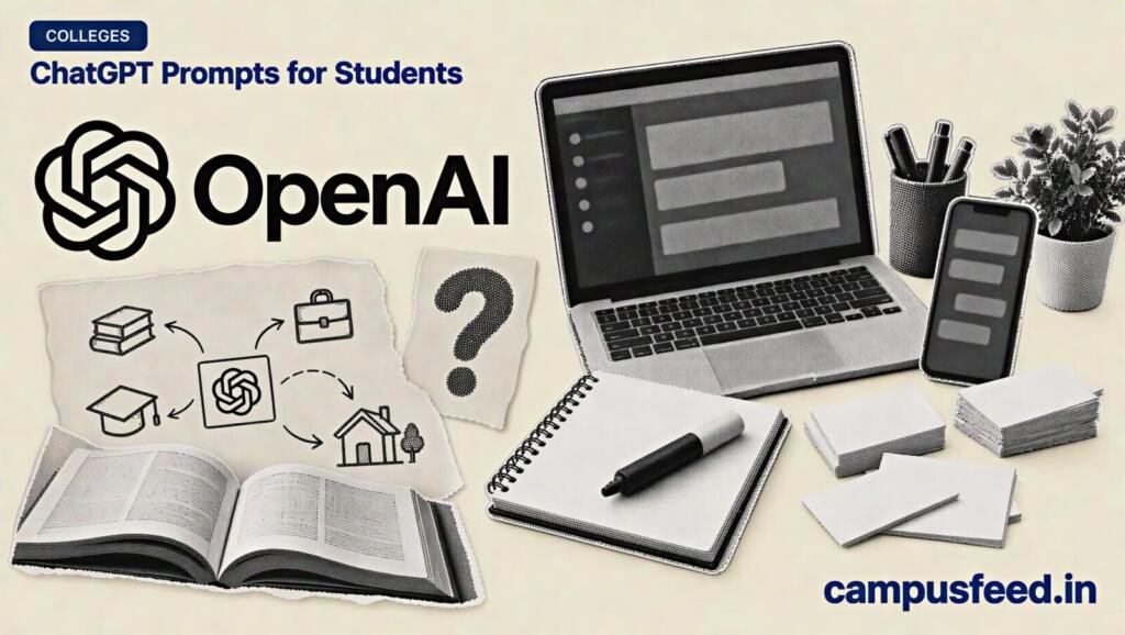 OpenAI logo beside a halftone flat-lay of digital study tools illustrating ChatGPT prompts for students across Study, Career and Life