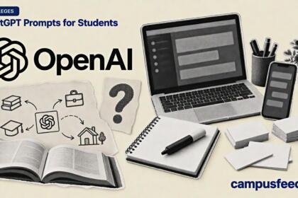 OpenAI logo beside a halftone flat-lay of digital study tools illustrating ChatGPT prompts for students across Study, Career and Life
