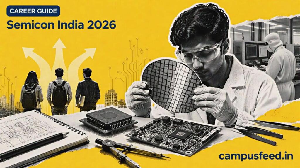 Semicon India 2026 career guide scene with halftone semiconductor engineer, circuit board, chip wafer and engineering career elements