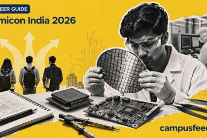 Semicon India 2026 career guide scene with halftone semiconductor engineer, circuit board, chip wafer and engineering career elements