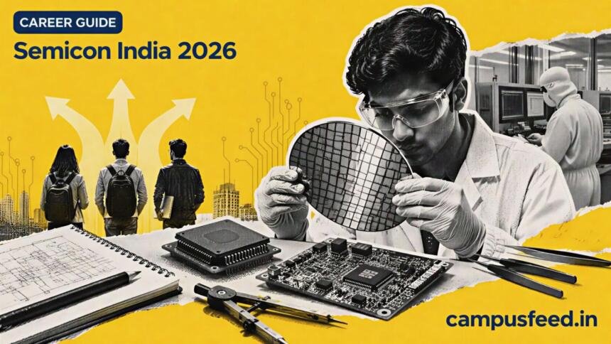 Semicon India 2026 career guide scene with halftone semiconductor engineer, circuit board, chip wafer and engineering career elements