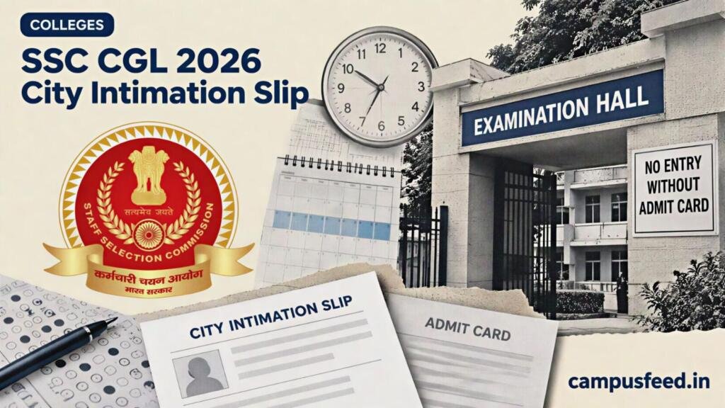SSC CGL 2026 city intimation slip beside a halftone examination centre entrance and Staff Selection Commission emblem ahead of Tier 1 exams