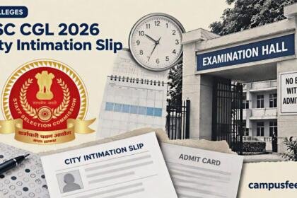 SSC CGL 2026 city intimation slip beside a halftone examination centre entrance and Staff Selection Commission emblem ahead of Tier 1 exams