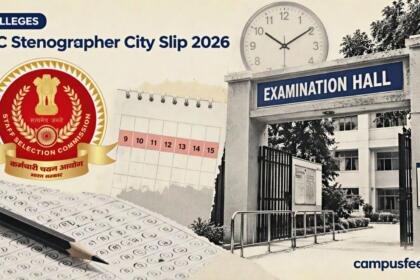 SSC Stenographer City Slip 2026 beside an SSC examination centre entrance gate, with cream-paper halftone exam elements and a September calendar motif
