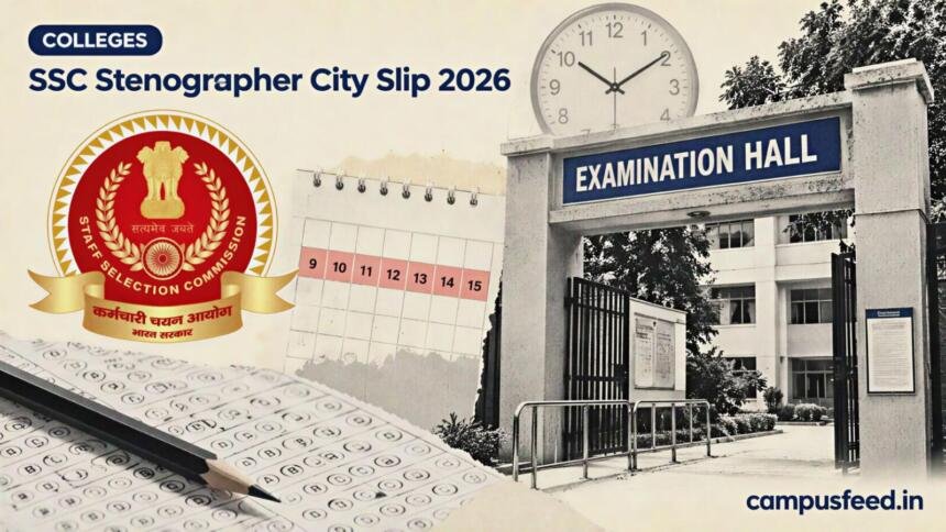 SSC Stenographer City Slip 2026 beside an SSC examination centre entrance gate, with cream-paper halftone exam elements and a September calendar motif