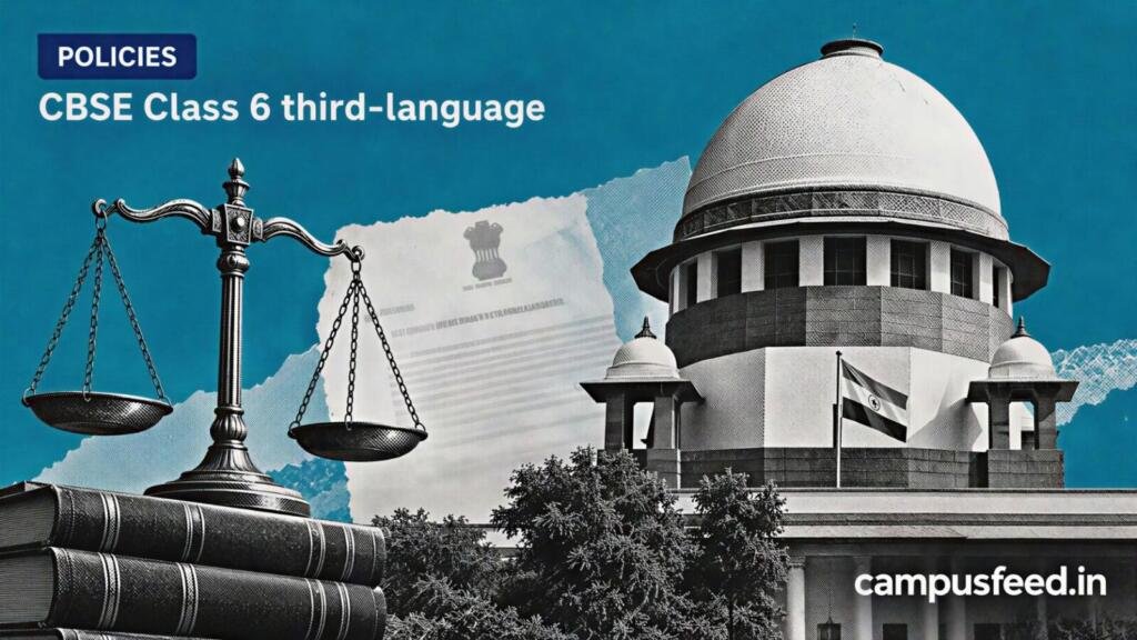 Supreme Court dome and legal-document collage illustrating CBSE Class 6 third-language Board exam exemption ordered for students in September 2026