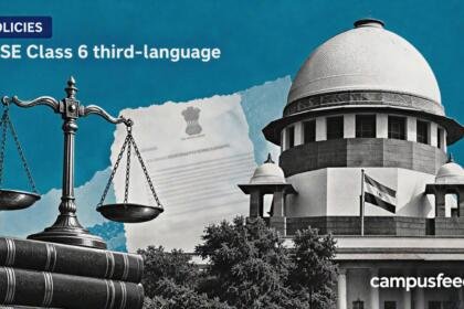 Supreme Court dome and legal-document collage illustrating CBSE Class 6 third-language Board exam exemption ordered for students in September 2026