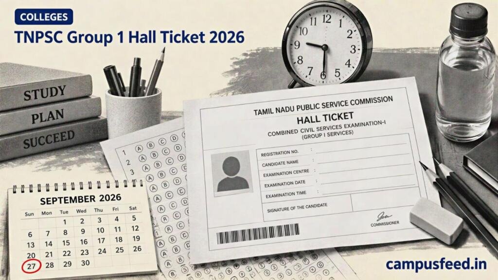 TNPSC Group 1 Hall Ticket 2026 shown in a halftone admit-card flat-lay with the TNPSC emblem, analog watch and September exam calendar