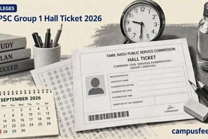 TNPSC Group 1 Hall Ticket 2026 shown in a halftone admit-card flat-lay with the TNPSC emblem, analog watch and September exam calendar