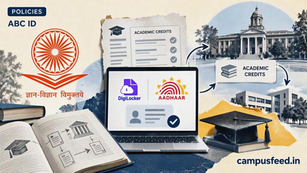 UGC ABC ID explainer with official UGC emblem, academic credit flowchart, DigiLocker and Aadhaar verification cues for Indian college students in 2026